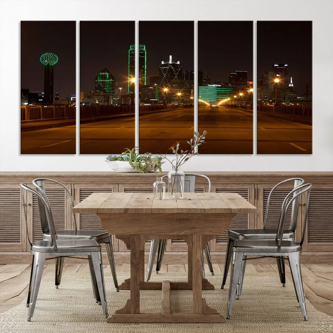 The "Dallas City Lights Night Skyline Cityscape View Wall Art Canvas Print" features a stunning city skyline glowing against museum-quality canvas.