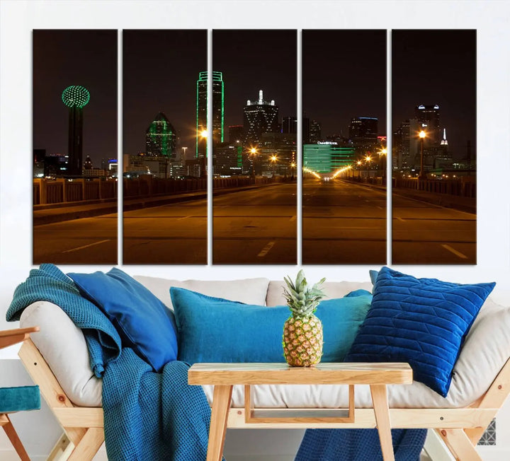 The "Dallas City Lights Night Skyline Cityscape View Wall Art Canvas Print" features a stunning city skyline glowing against museum-quality canvas.