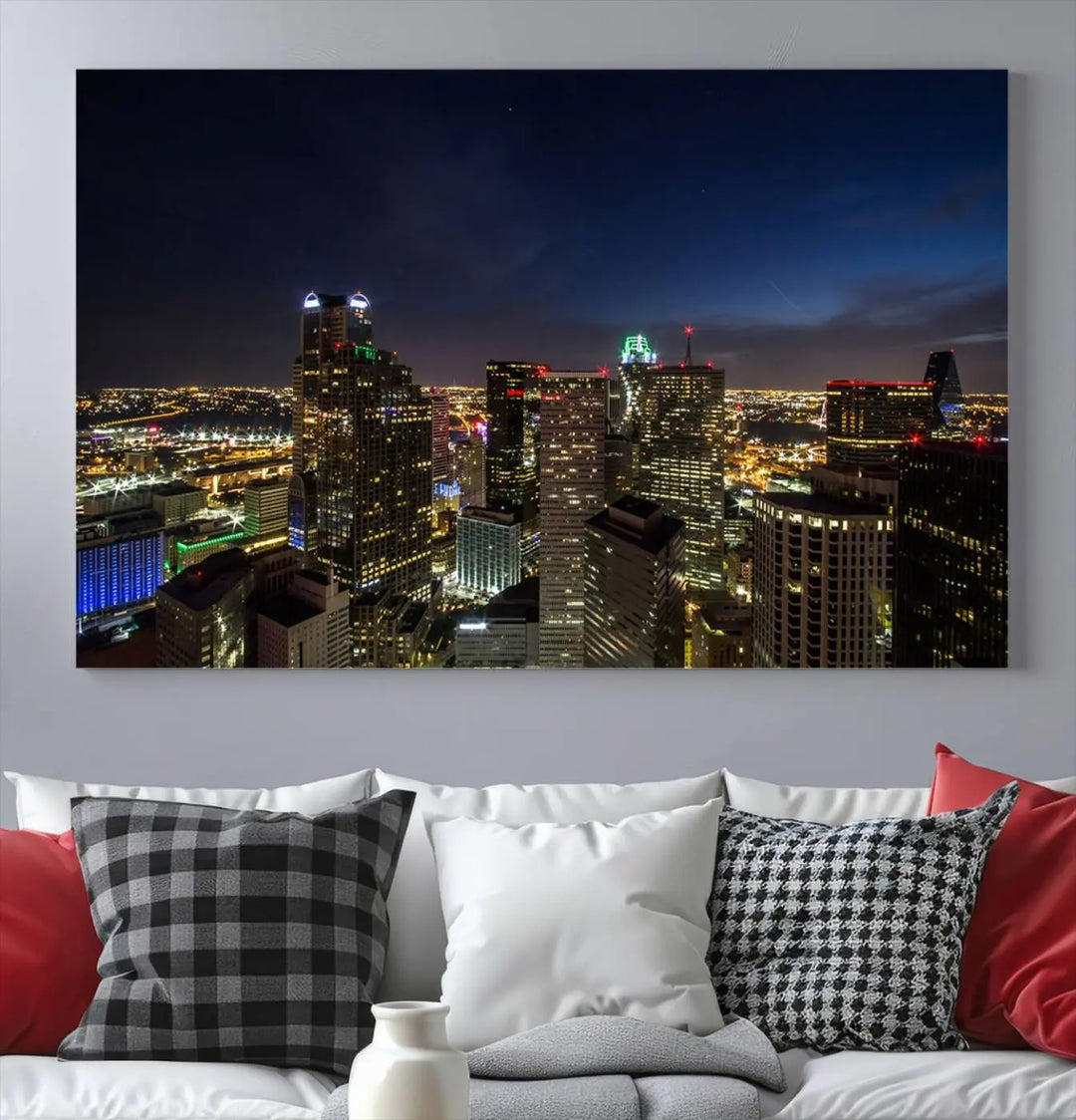 A living room showcasing a Dallas City Lights Night Skyline Cityscape View Wall Art Canvas Print, a three-panel artwork on museum-quality canvas with vibrant colors and durability.