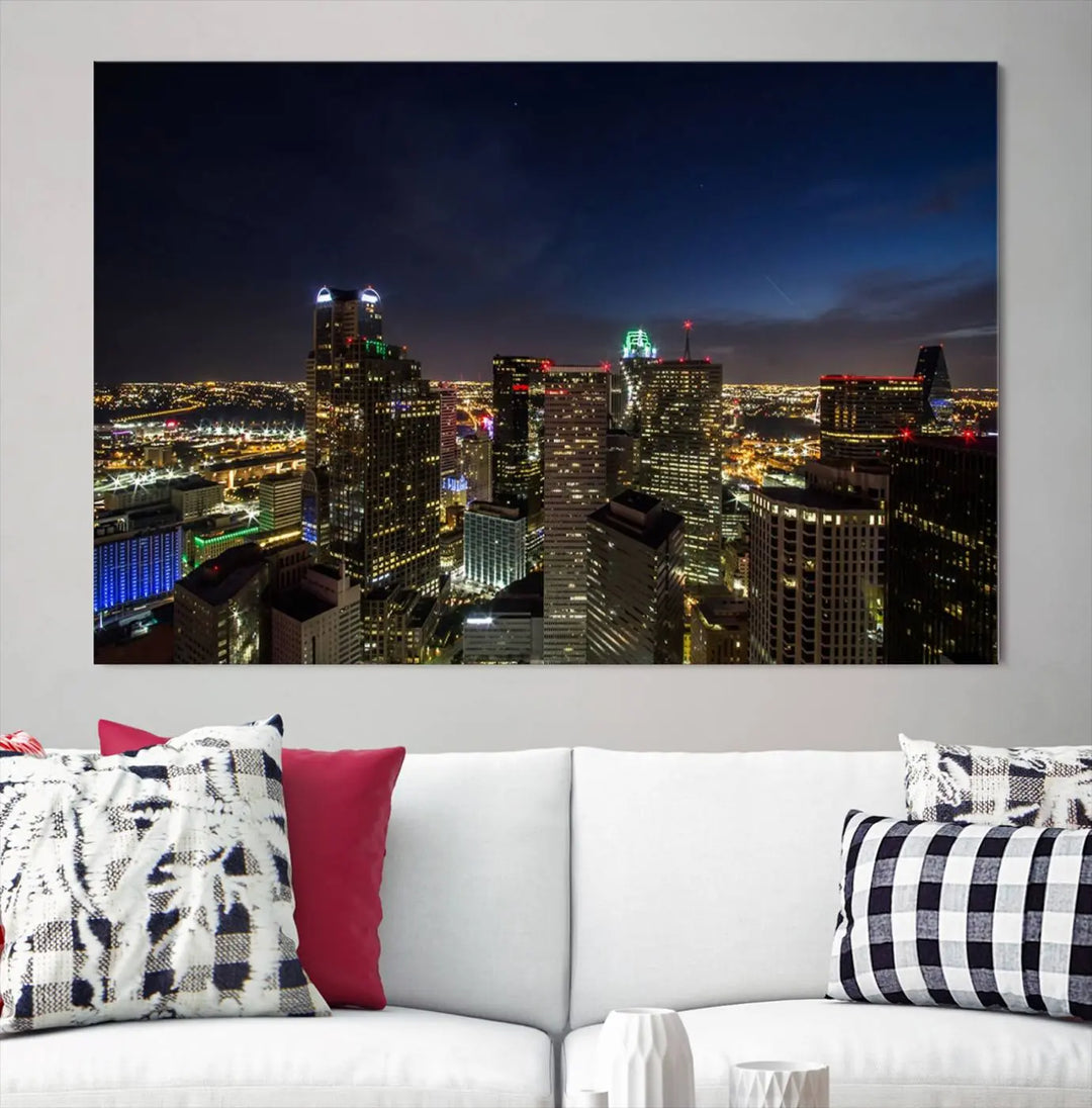 A living room showcasing a Dallas City Lights Night Skyline Cityscape View Wall Art Canvas Print, a three-panel artwork on museum-quality canvas with vibrant colors and durability.