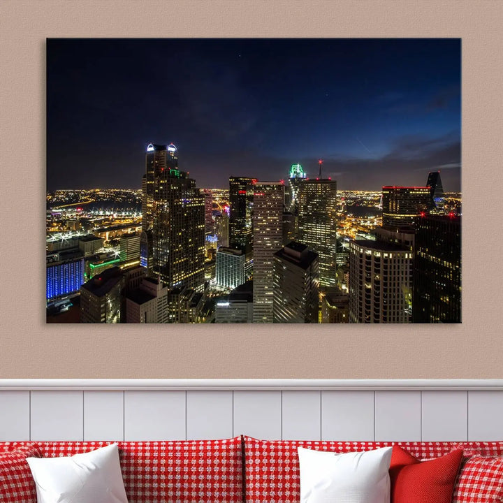 A living room showcasing a Dallas City Lights Night Skyline Cityscape View Wall Art Canvas Print, a three-panel artwork on museum-quality canvas with vibrant colors and durability.