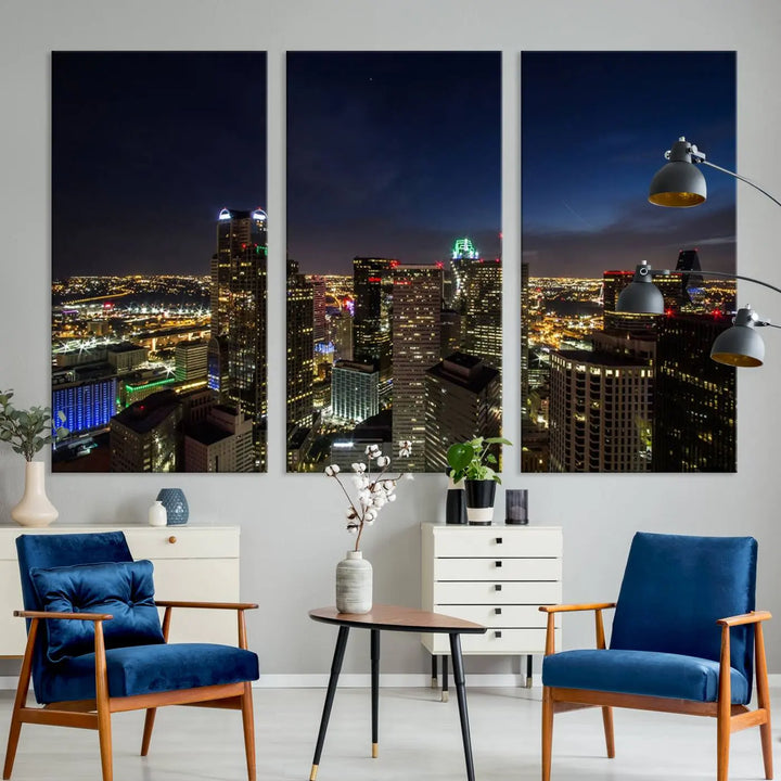 A living room showcasing a Dallas City Lights Night Skyline Cityscape View Wall Art Canvas Print, a three-panel artwork on museum-quality canvas with vibrant colors and durability.