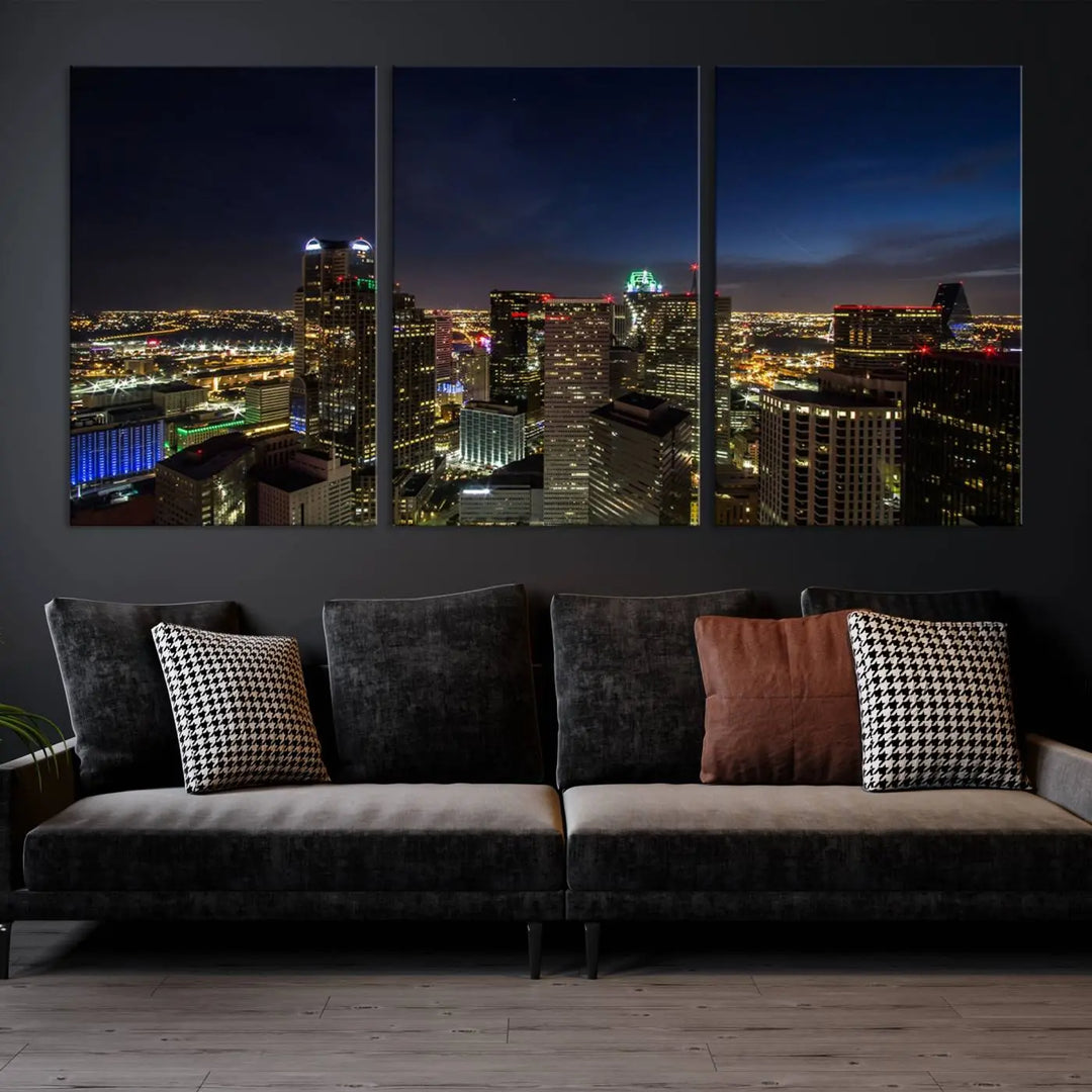 A living room showcasing a Dallas City Lights Night Skyline Cityscape View Wall Art Canvas Print, a three-panel artwork on museum-quality canvas with vibrant colors and durability.