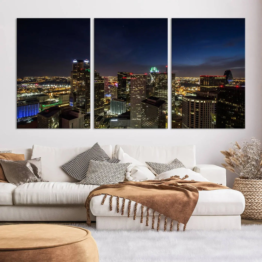 A living room showcasing a Dallas City Lights Night Skyline Cityscape View Wall Art Canvas Print, a three-panel artwork on museum-quality canvas with vibrant colors and durability.