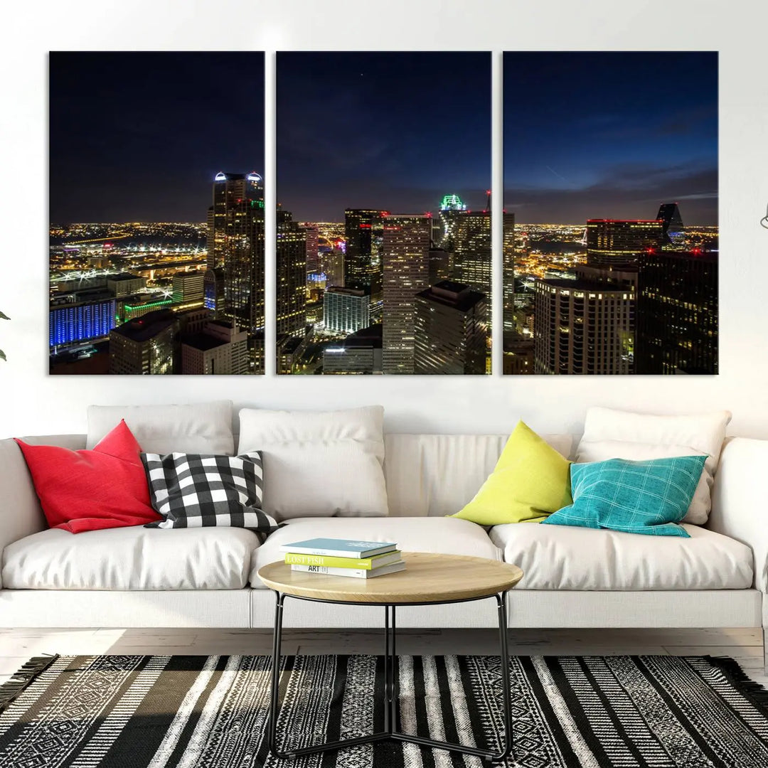 A living room showcasing a Dallas City Lights Night Skyline Cityscape View Wall Art Canvas Print, a three-panel artwork on museum-quality canvas with vibrant colors and durability.