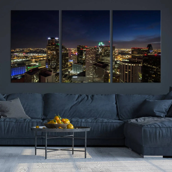 A living room showcasing a Dallas City Lights Night Skyline Cityscape View Wall Art Canvas Print, a three-panel artwork on museum-quality canvas with vibrant colors and durability.