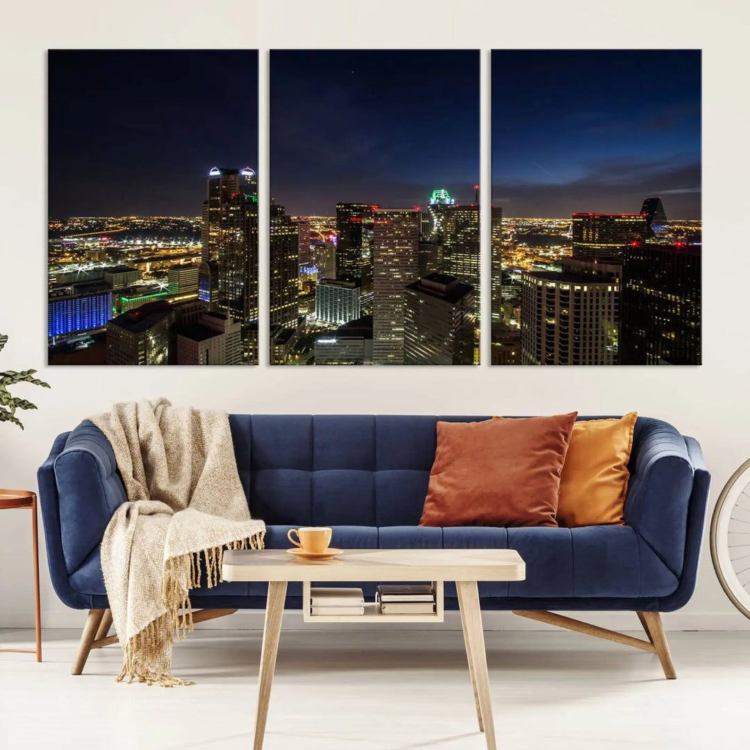 A living room showcasing a Dallas City Lights Night Skyline Cityscape View Wall Art Canvas Print, a three-panel artwork on museum-quality canvas with vibrant colors and durability.