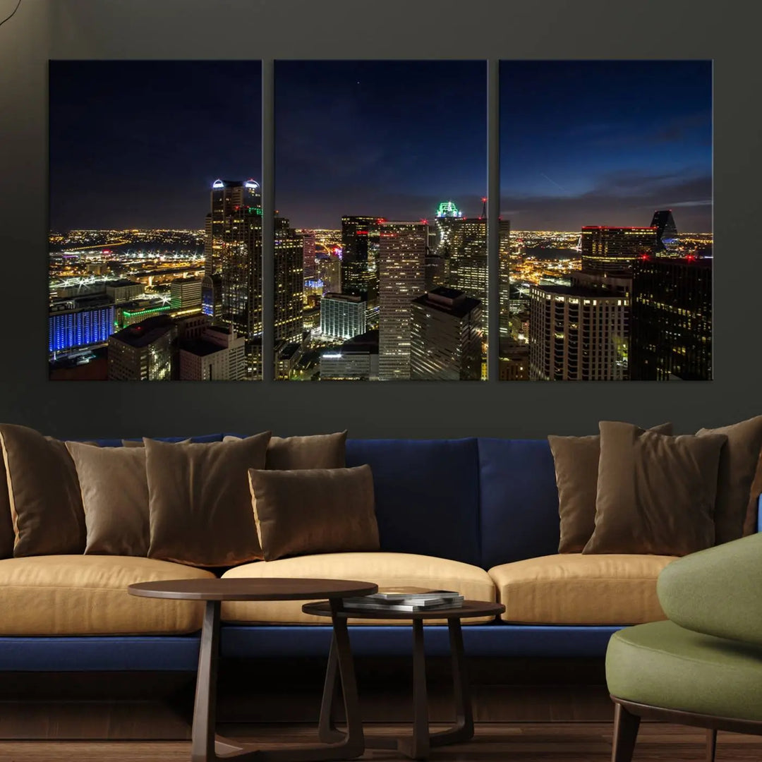 A living room showcasing a Dallas City Lights Night Skyline Cityscape View Wall Art Canvas Print, a three-panel artwork on museum-quality canvas with vibrant colors and durability.