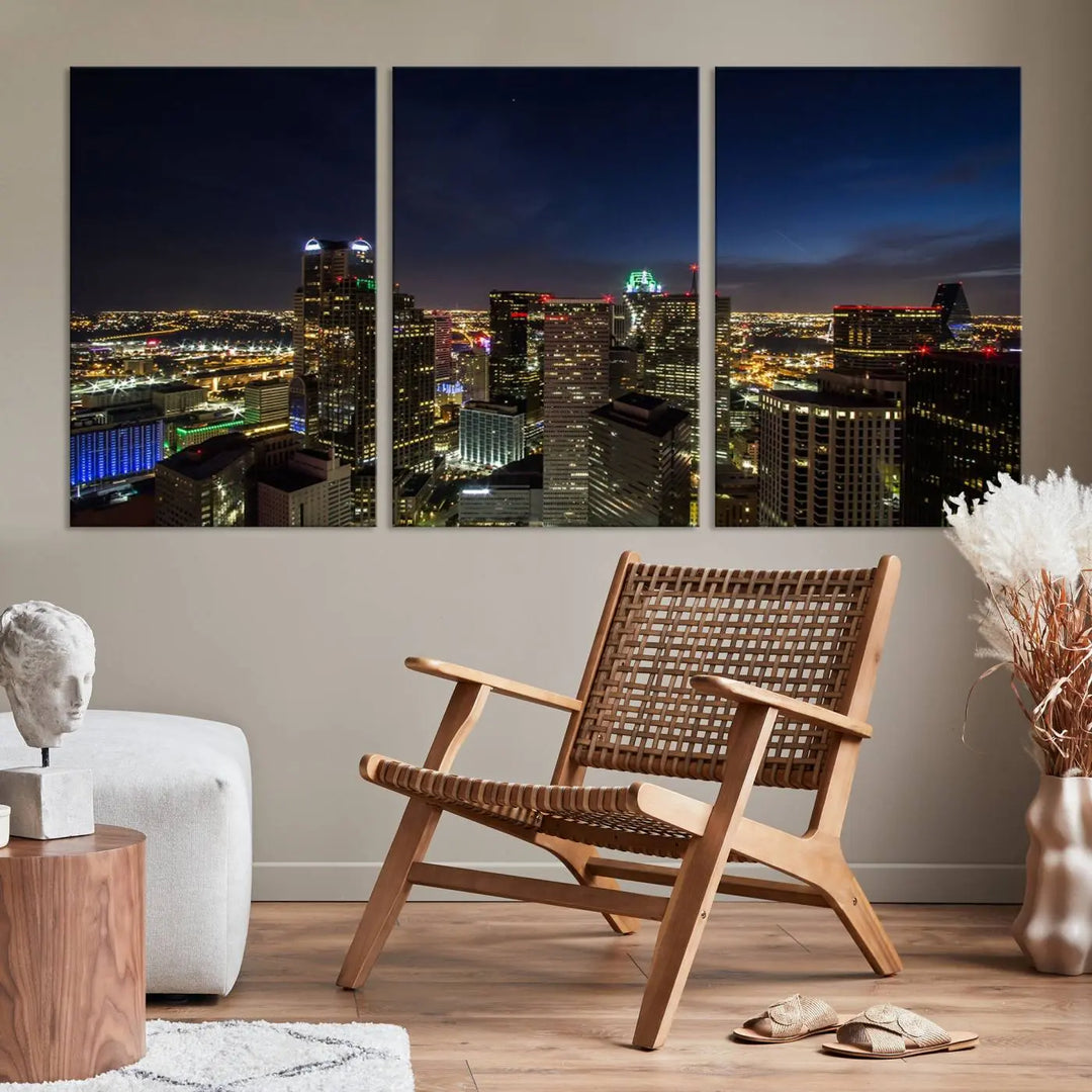 A living room showcasing a Dallas City Lights Night Skyline Cityscape View Wall Art Canvas Print, a three-panel artwork on museum-quality canvas with vibrant colors and durability.