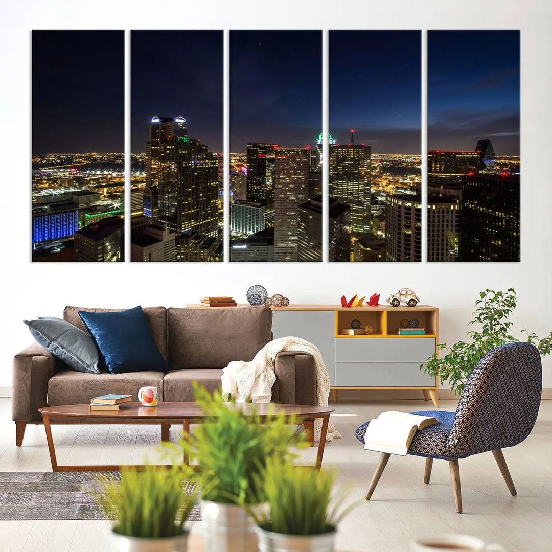 A living room showcasing a Dallas City Lights Night Skyline Cityscape View Wall Art Canvas Print, a three-panel artwork on museum-quality canvas with vibrant colors and durability.