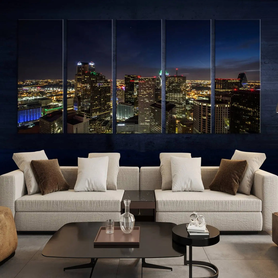 A living room showcasing a Dallas City Lights Night Skyline Cityscape View Wall Art Canvas Print, a three-panel artwork on museum-quality canvas with vibrant colors and durability.