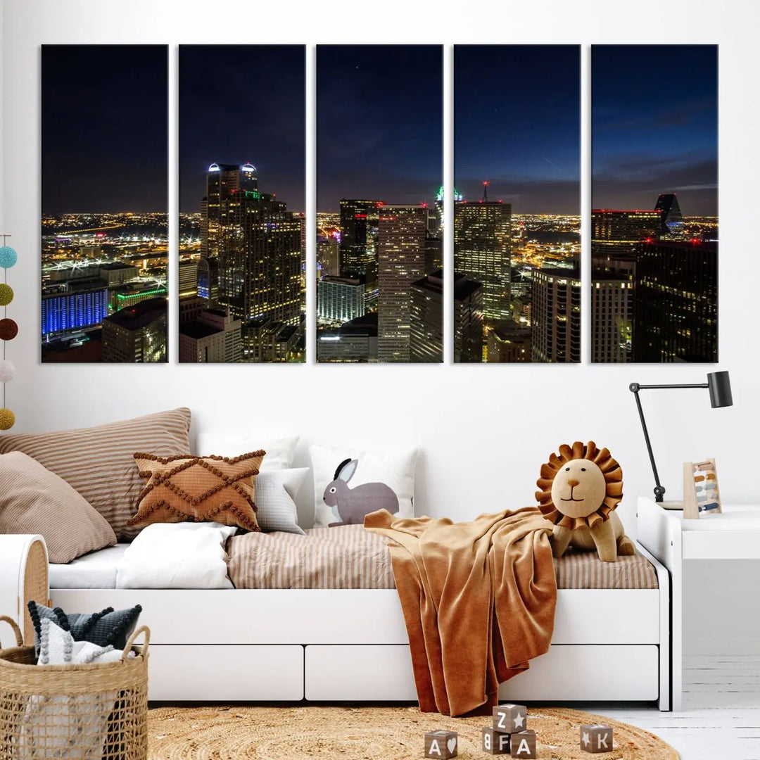 A living room showcasing a Dallas City Lights Night Skyline Cityscape View Wall Art Canvas Print, a three-panel artwork on museum-quality canvas with vibrant colors and durability.