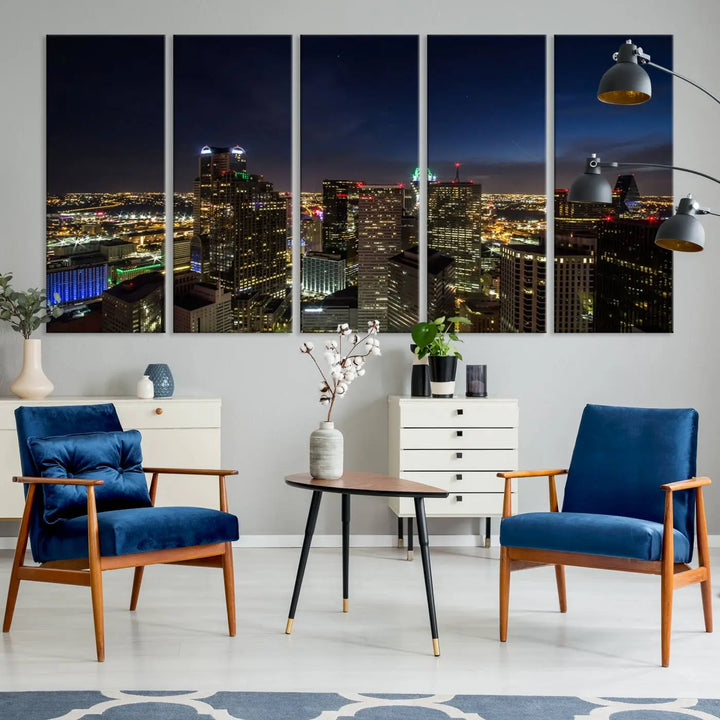 A living room showcasing a Dallas City Lights Night Skyline Cityscape View Wall Art Canvas Print, a three-panel artwork on museum-quality canvas with vibrant colors and durability.