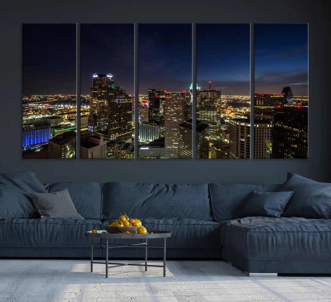 A living room showcasing a Dallas City Lights Night Skyline Cityscape View Wall Art Canvas Print, a three-panel artwork on museum-quality canvas with vibrant colors and durability.