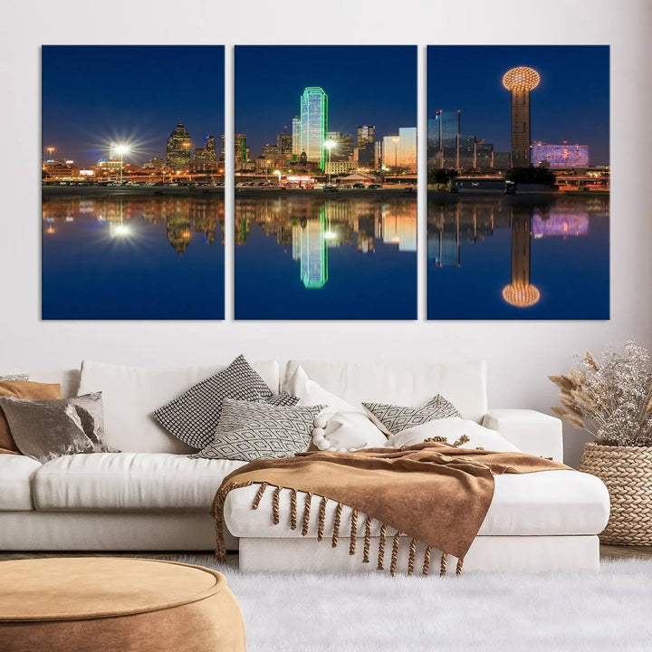 A triptych canvas depicting the Dallas City Lights night skyline cityscape view adorns the wall. Crafted on museum-quality canvases, this wall art ensures timeless elegance and comes with free shipping for added convenience.