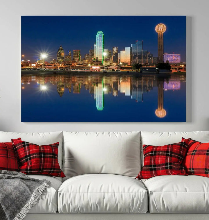 A triptych canvas depicting the Dallas City Lights night skyline cityscape view adorns the wall. Crafted on museum-quality canvases, this wall art ensures timeless elegance and comes with free shipping for added convenience.