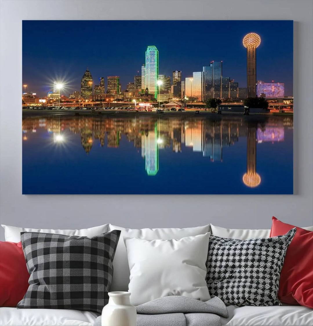 A triptych canvas depicting the Dallas City Lights night skyline cityscape view adorns the wall. Crafted on museum-quality canvases, this wall art ensures timeless elegance and comes with free shipping for added convenience.