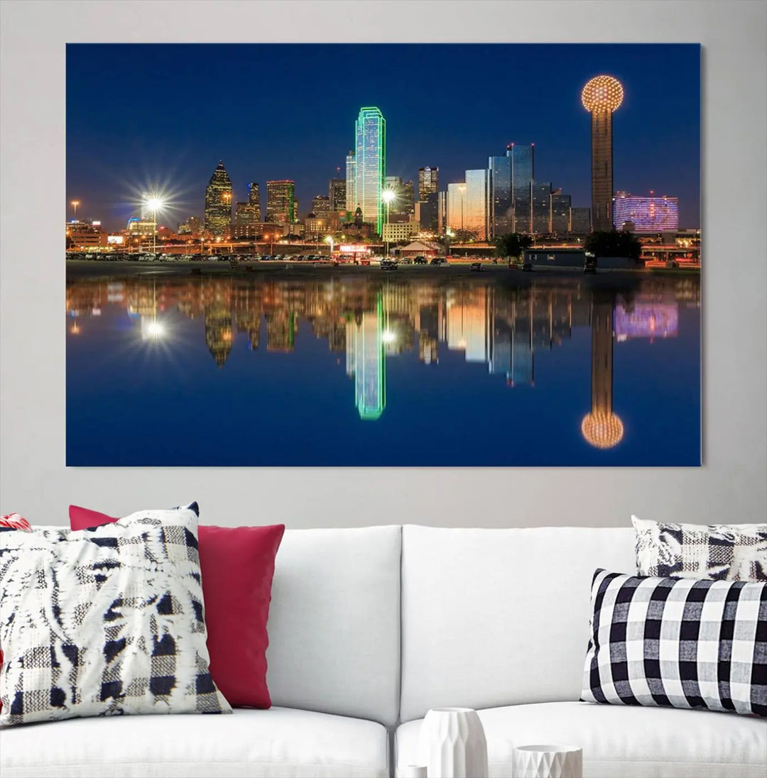 A triptych canvas depicting the Dallas City Lights night skyline cityscape view adorns the wall. Crafted on museum-quality canvases, this wall art ensures timeless elegance and comes with free shipping for added convenience.