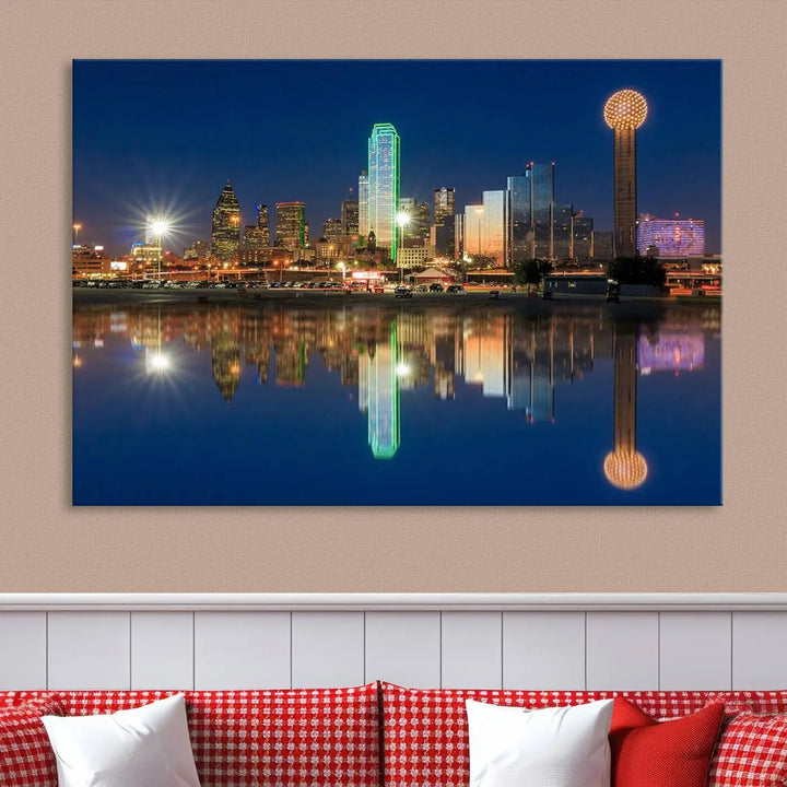 A triptych canvas depicting the Dallas City Lights night skyline cityscape view adorns the wall. Crafted on museum-quality canvases, this wall art ensures timeless elegance and comes with free shipping for added convenience.