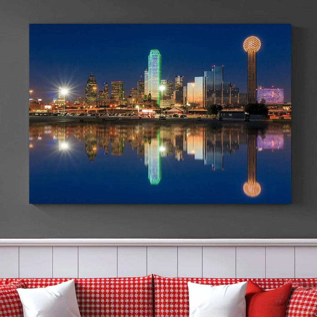 A triptych canvas depicting the Dallas City Lights night skyline cityscape view adorns the wall. Crafted on museum-quality canvases, this wall art ensures timeless elegance and comes with free shipping for added convenience.