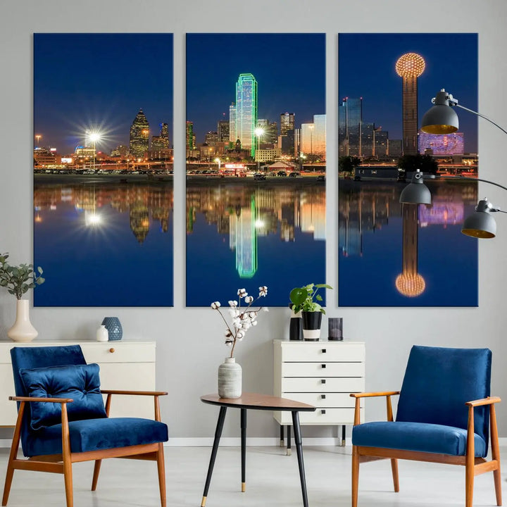 A triptych canvas depicting the Dallas City Lights night skyline cityscape view adorns the wall. Crafted on museum-quality canvases, this wall art ensures timeless elegance and comes with free shipping for added convenience.