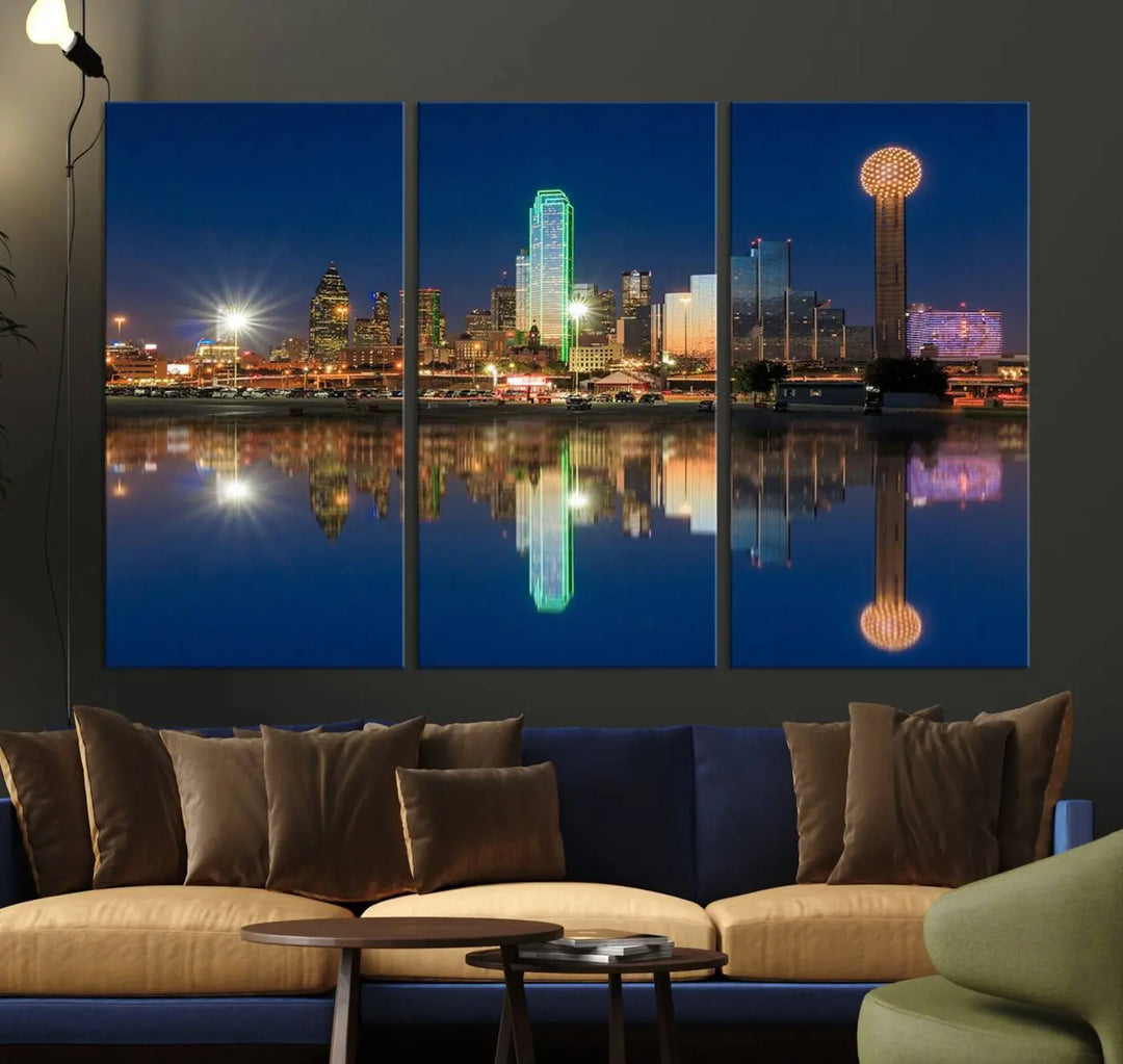 A triptych canvas depicting the Dallas City Lights night skyline cityscape view adorns the wall. Crafted on museum-quality canvases, this wall art ensures timeless elegance and comes with free shipping for added convenience.