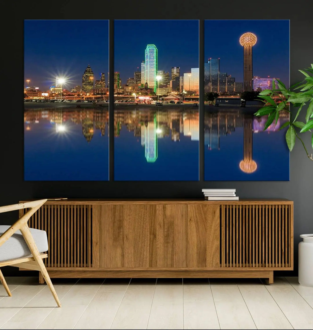 A triptych canvas depicting the Dallas City Lights night skyline cityscape view adorns the wall. Crafted on museum-quality canvases, this wall art ensures timeless elegance and comes with free shipping for added convenience.