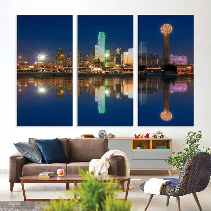 A triptych canvas depicting the Dallas City Lights night skyline cityscape view adorns the wall. Crafted on museum-quality canvases, this wall art ensures timeless elegance and comes with free shipping for added convenience.