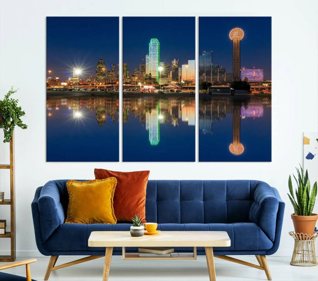 A triptych canvas depicting the Dallas City Lights night skyline cityscape view adorns the wall. Crafted on museum-quality canvases, this wall art ensures timeless elegance and comes with free shipping for added convenience.