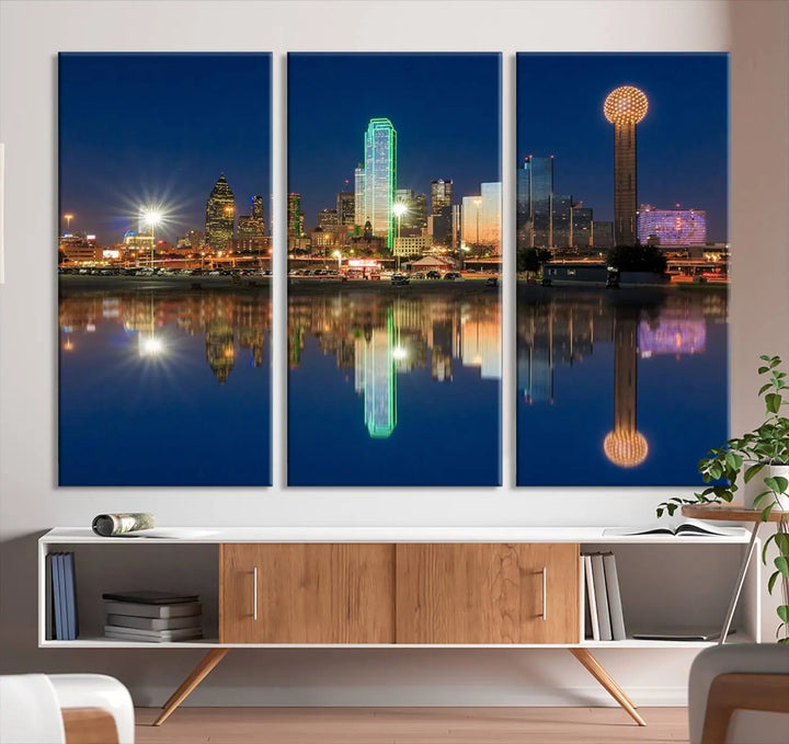 A triptych canvas depicting the Dallas City Lights night skyline cityscape view adorns the wall. Crafted on museum-quality canvases, this wall art ensures timeless elegance and comes with free shipping for added convenience.