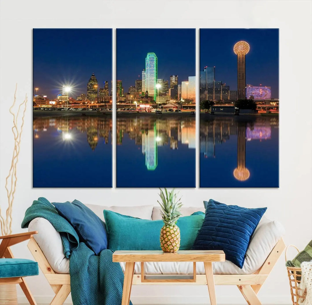 A triptych canvas depicting the Dallas City Lights night skyline cityscape view adorns the wall. Crafted on museum-quality canvases, this wall art ensures timeless elegance and comes with free shipping for added convenience.