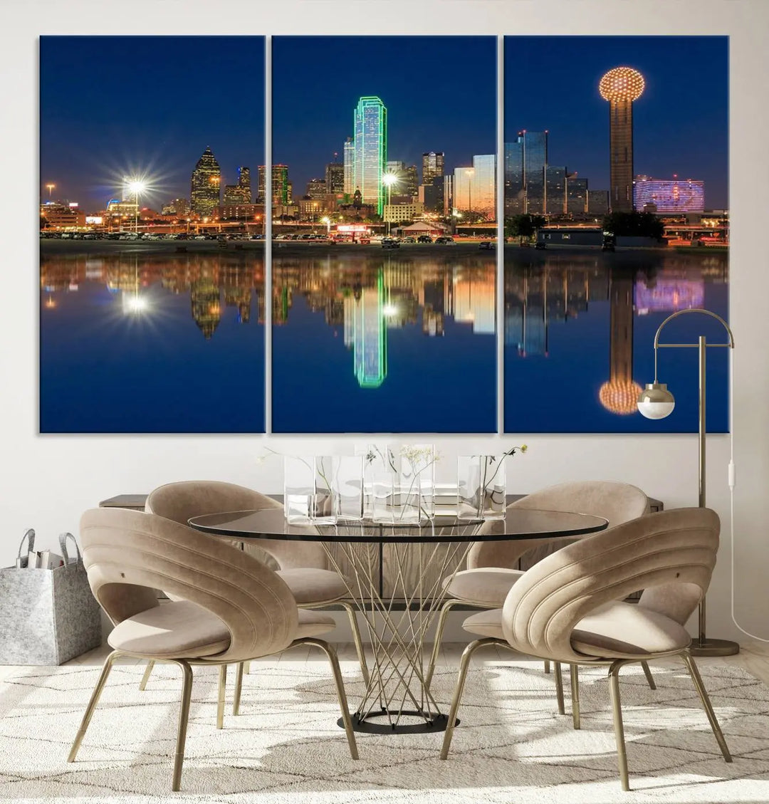 A triptych canvas depicting the Dallas City Lights night skyline cityscape view adorns the wall. Crafted on museum-quality canvases, this wall art ensures timeless elegance and comes with free shipping for added convenience.