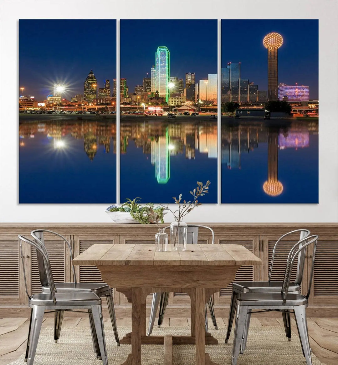 A triptych canvas depicting the Dallas City Lights night skyline cityscape view adorns the wall. Crafted on museum-quality canvases, this wall art ensures timeless elegance and comes with free shipping for added convenience.