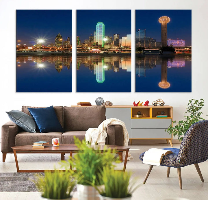 A triptych canvas depicting the Dallas City Lights night skyline cityscape view adorns the wall. Crafted on museum-quality canvases, this wall art ensures timeless elegance and comes with free shipping for added convenience.