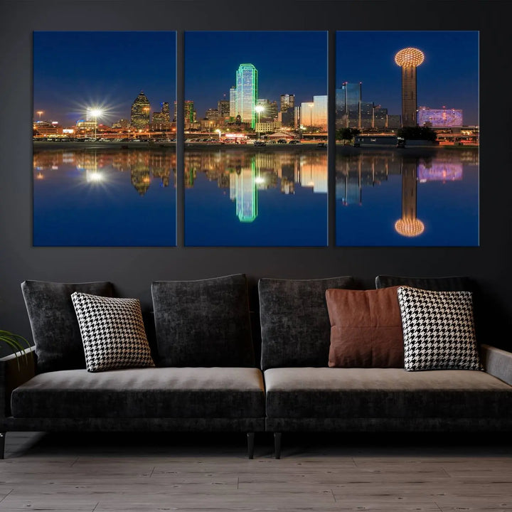 A triptych canvas depicting the Dallas City Lights night skyline cityscape view adorns the wall. Crafted on museum-quality canvases, this wall art ensures timeless elegance and comes with free shipping for added convenience.