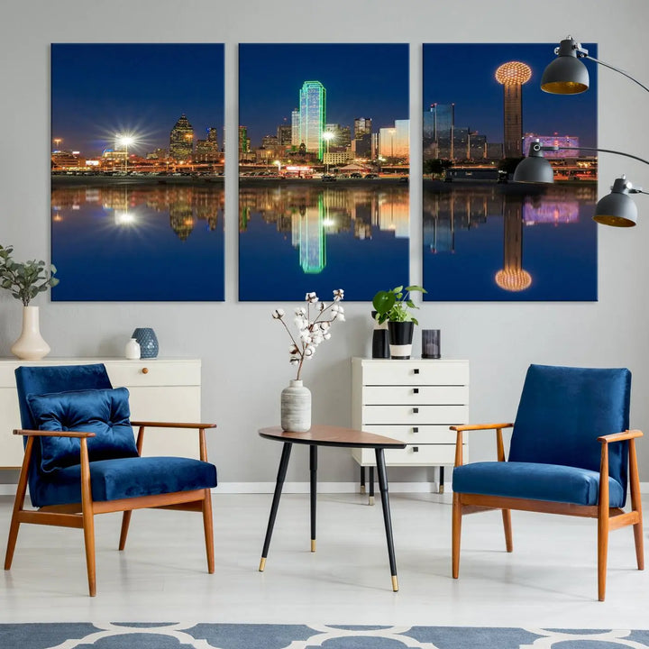 A triptych canvas depicting the Dallas City Lights night skyline cityscape view adorns the wall. Crafted on museum-quality canvases, this wall art ensures timeless elegance and comes with free shipping for added convenience.