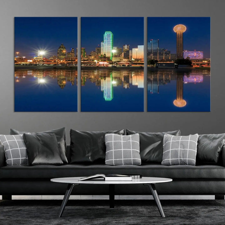 A triptych canvas depicting the Dallas City Lights night skyline cityscape view adorns the wall. Crafted on museum-quality canvases, this wall art ensures timeless elegance and comes with free shipping for added convenience.