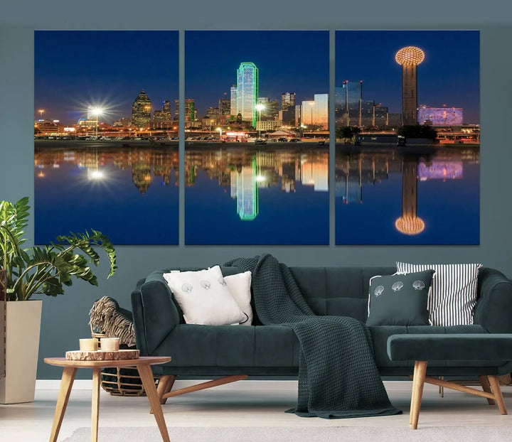 A triptych canvas depicting the Dallas City Lights night skyline cityscape view adorns the wall. Crafted on museum-quality canvases, this wall art ensures timeless elegance and comes with free shipping for added convenience.