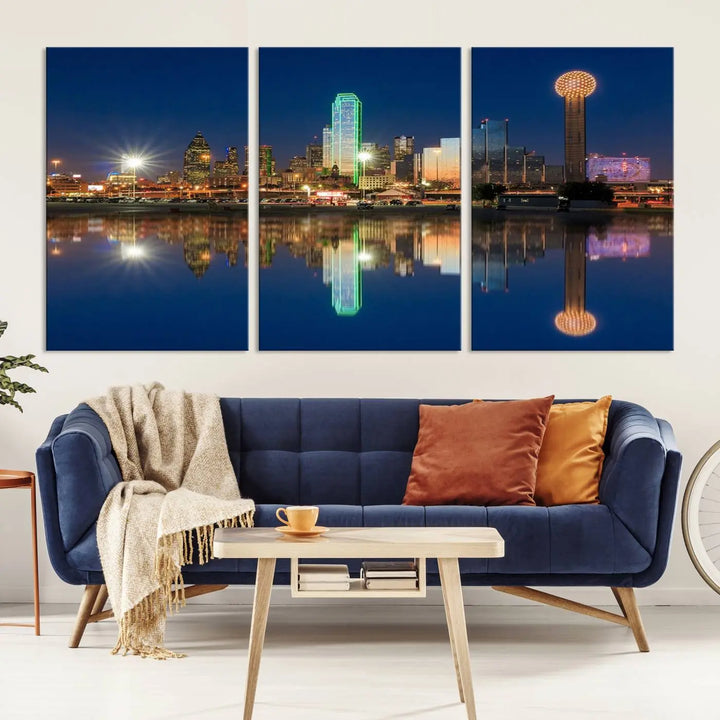 A triptych canvas depicting the Dallas City Lights night skyline cityscape view adorns the wall. Crafted on museum-quality canvases, this wall art ensures timeless elegance and comes with free shipping for added convenience.