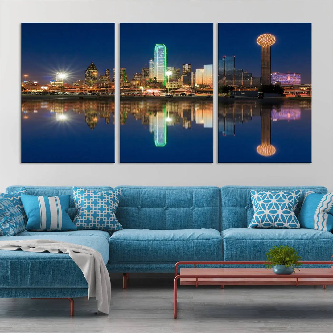 A triptych canvas depicting the Dallas City Lights night skyline cityscape view adorns the wall. Crafted on museum-quality canvases, this wall art ensures timeless elegance and comes with free shipping for added convenience.