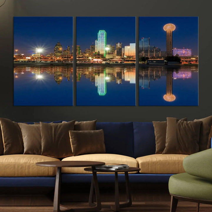 A triptych canvas depicting the Dallas City Lights night skyline cityscape view adorns the wall. Crafted on museum-quality canvases, this wall art ensures timeless elegance and comes with free shipping for added convenience.