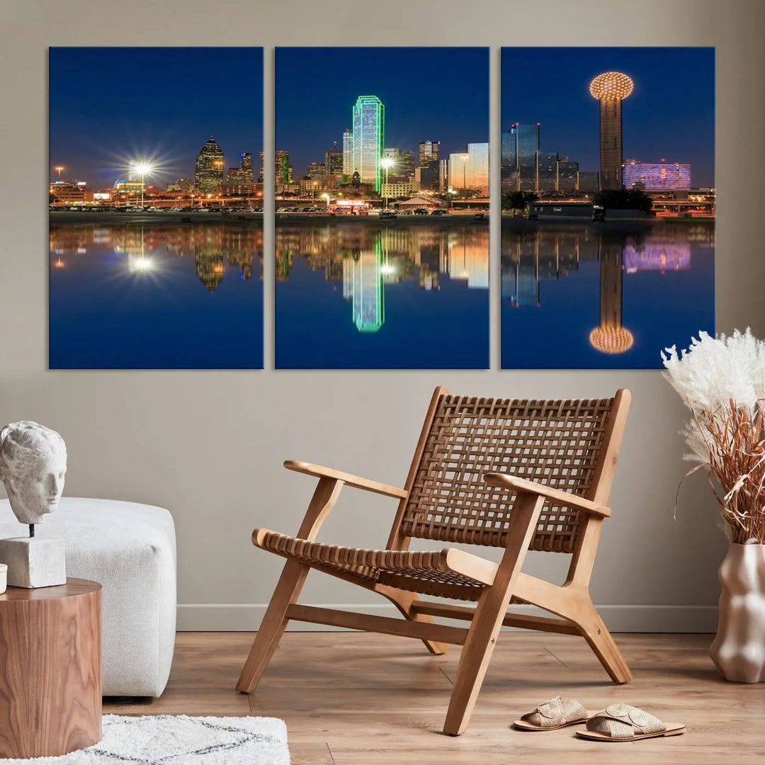 A triptych canvas depicting the Dallas City Lights night skyline cityscape view adorns the wall. Crafted on museum-quality canvases, this wall art ensures timeless elegance and comes with free shipping for added convenience.