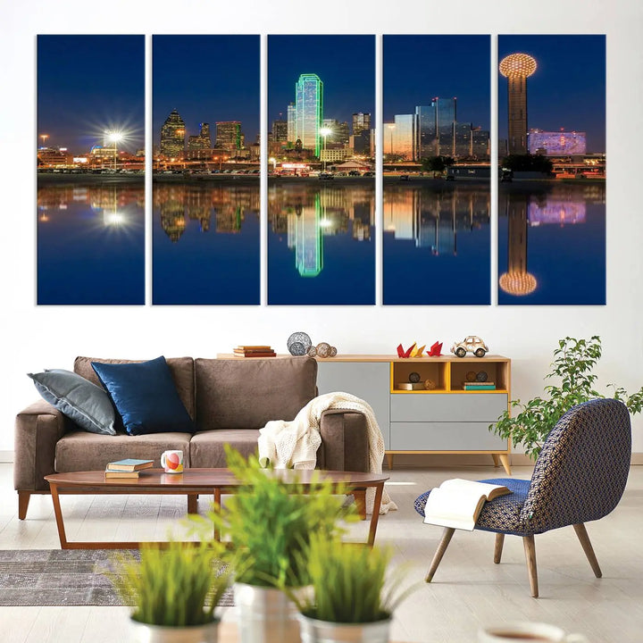 A triptych canvas depicting the Dallas City Lights night skyline cityscape view adorns the wall. Crafted on museum-quality canvases, this wall art ensures timeless elegance and comes with free shipping for added convenience.