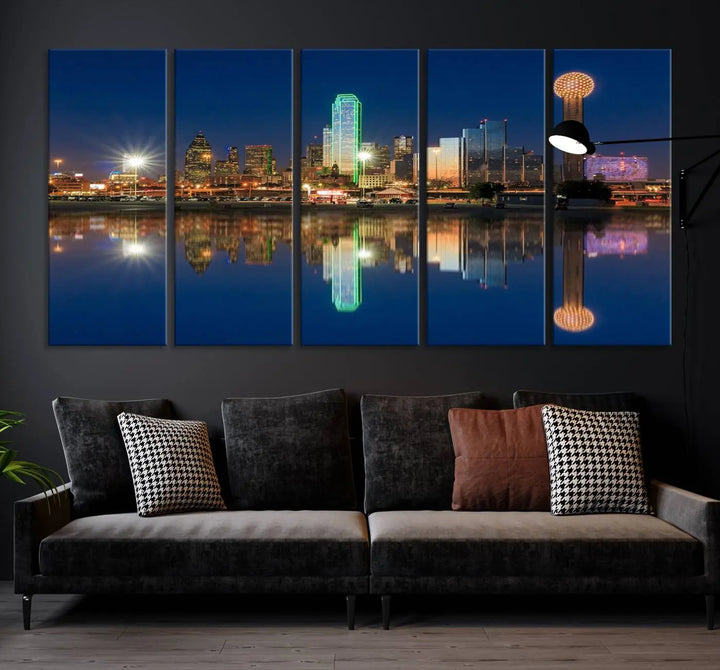 A triptych canvas depicting the Dallas City Lights night skyline cityscape view adorns the wall. Crafted on museum-quality canvases, this wall art ensures timeless elegance and comes with free shipping for added convenience.