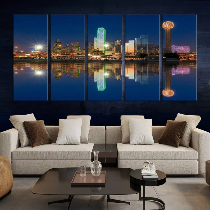 A triptych canvas depicting the Dallas City Lights night skyline cityscape view adorns the wall. Crafted on museum-quality canvases, this wall art ensures timeless elegance and comes with free shipping for added convenience.