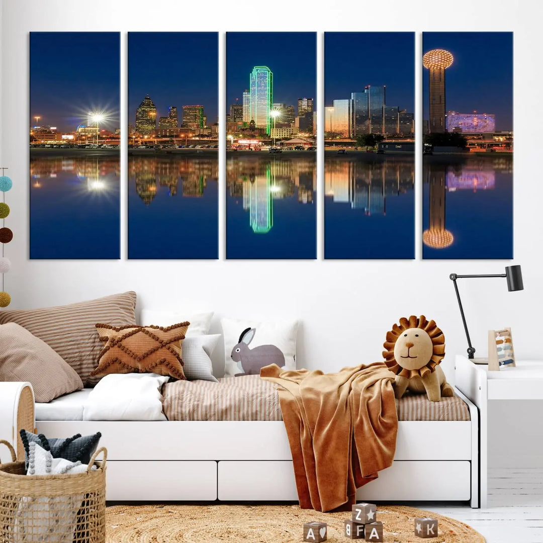 A triptych canvas depicting the Dallas City Lights night skyline cityscape view adorns the wall. Crafted on museum-quality canvases, this wall art ensures timeless elegance and comes with free shipping for added convenience.