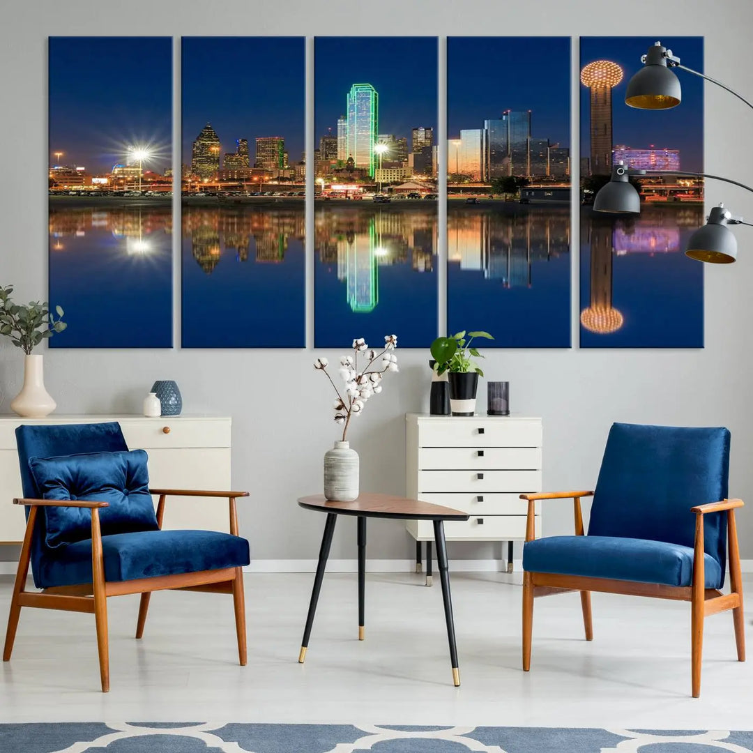 A triptych canvas depicting the Dallas City Lights night skyline cityscape view adorns the wall. Crafted on museum-quality canvases, this wall art ensures timeless elegance and comes with free shipping for added convenience.