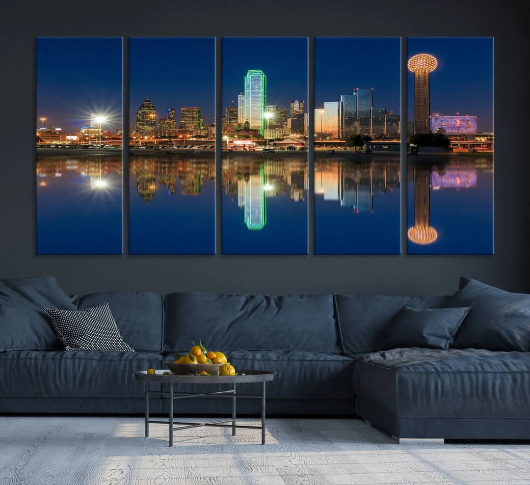 A triptych canvas depicting the Dallas City Lights night skyline cityscape view adorns the wall. Crafted on museum-quality canvases, this wall art ensures timeless elegance and comes with free shipping for added convenience.