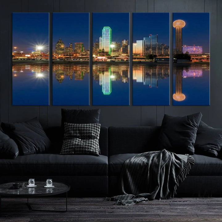 A triptych canvas depicting the Dallas City Lights night skyline cityscape view adorns the wall. Crafted on museum-quality canvases, this wall art ensures timeless elegance and comes with free shipping for added convenience.