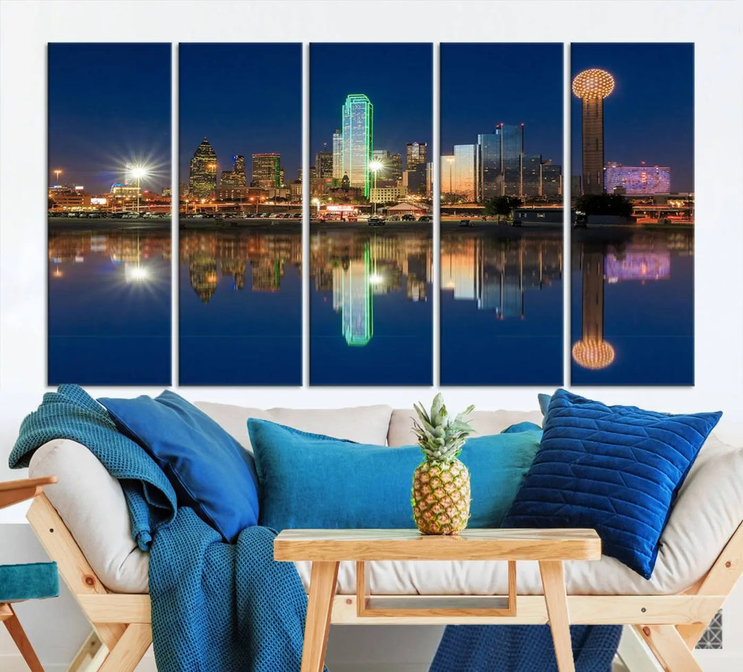 A triptych canvas depicting the Dallas City Lights night skyline cityscape view adorns the wall. Crafted on museum-quality canvases, this wall art ensures timeless elegance and comes with free shipping for added convenience.